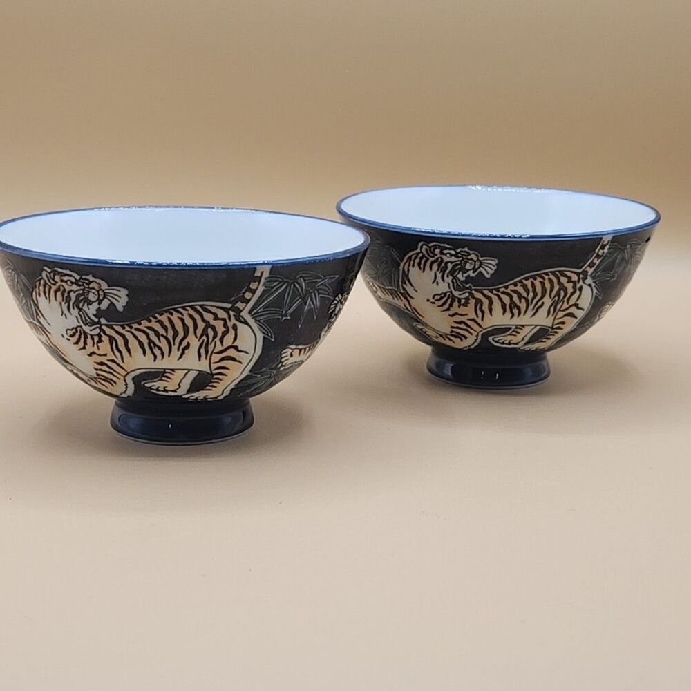 Rice Bowls Roaring Tiger Mino Ware Japanese Ceramics Blue Made in Japan